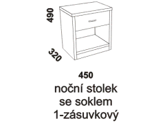 Noční stolek Athena 1-zásuvkový - rozměrový nákres. Provedení: masivní buk. Povrchová úprava: olej nebo lak. Více barevných odstínů. 