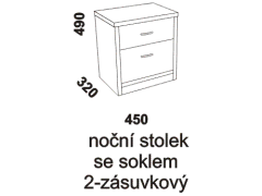 Noční stolek Athena 2-zásuvkový - rozměrový nákres. Provedení: masivní buk. Povrchová úprava: olej nebo lak. Více barevných odstínů. 