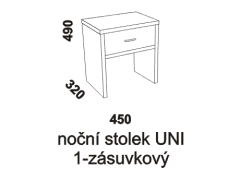 Noční stolek Athena 1-zásuvkový UNI - rozměrový nákres. Provedení: masivní buk. Povrchová úprava: olej nebo lak. Více barevných odstínů. 