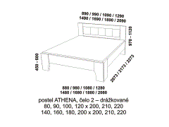 Postel Athena z masivu - rozměrový nákres. Čelo drážkované. Vysoká kvalita. Provedení: masivní buk. Více barevných odstínů. Česká výroba.