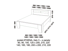 Postel Athena z masivu - rozměrový nákres. Čelo s panely. Vysoká kvalita. Provedení: masivní buk. Více barevných odstínů. Česká výroba. 
