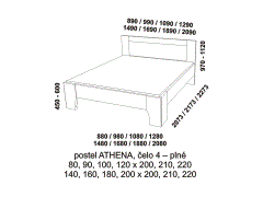 Postel Athena z masivu - rozměrový nákres. Čelo plné. Vysoká kvalita. Provedení: masivní buk. Více barevných odstínů. Česká výroba.