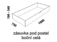 Zásuvka pod postel boční celá Athena - rozměrový nákres. Provedení: masivní buk. Povrchová úprava: olej nebo lak. Více barevných odstínů. 