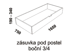Zásuvka pod postel boční tříčtvrteční Athena - rozměrový nákres. Provedení: masivní buk. Povrchová úprava: olej nebo lak. Více barevných odstínů.