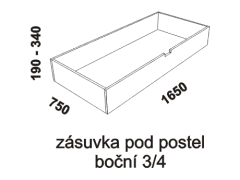 Zásuvka pod postel boční tříčtvrteční Athena - rozměrový nákres. Provedení: masivní buk. Povrchová úprava: olej nebo lak. Více barevných odstínů. 