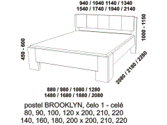 Postel Brooklyn z masivu - rozměrový nákres. Čelo celé. Vysoká kvalita. Provedení: masivní buk. Více barevných odstínů. Česká výroba. 