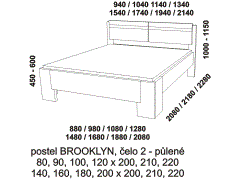 Postel Brooklyn z masivu - rozměrový nákres. Čelo půlené. Vysoká kvalita. Provedení: masivní buk. Více barevných odstínů. Česká výroba. 