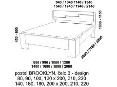 Postel Brooklyn z masivu - rozměrový nákres. Čelo design. Vysoká kvalita. Provedení: masivní buk. Více barevných odstínů. Česká výroba. 