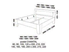 Postel Chantal z masivu - rozměrový nákres. Provedení: masivní buk. Více barevných odstínů. Český výrobek. Vysoká kvalita.