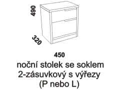 Noční stolek Dallas 2-zásuvkový - rozměrový nákres. Provedení: masivní buk. Povrchová úprava: olej nebo lak. Více barevných odstínů. Český výrobek. 