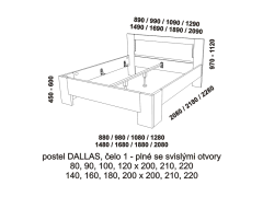 Postel Dallas z masivu - rozměrový nákres. Čelo plné se svislými otvory. Provedení: masivní buk. Více barevných odstínů. Česká kvalitní postel. 
