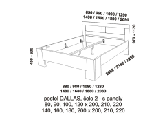 Postel Dallas z masivu - rozměrový nákres. Čelo s panely. Provedení: masivní buk. Více barevných odstínů. Česká kvalitní postel.