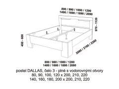 Postel Dallas z masivu - rozměrový nákres. Čelo plné s vodorovnými otvory. Provedení: masivní buk. Více barevných odstínů. Česká kvalitní postel. 