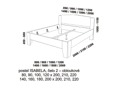 Postel Isabela z masivu - rozměrový nákres. Čelo obloukové. Kvalitní postel. Provedení: masivní buk. Více barevných odstínů. Česká výroba.