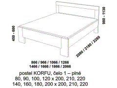 Postel Korfu z masivu - rozměrový nákres. Čelo plné. Kvalitní postel. Provedení: masivní buk. Více barevných odstínů. Česká výroba. 