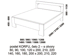 Postel Korfu z masivu - rozměrový nákres. Čelo s otvory. Kvalitní postel. Provedení: masivní buk. Více barevných odstínů. Česká výroba.