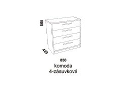 Komoda Sabrina 4-zásuvková - rozměrový nákres. Provedení: masivní buk. Český výrobek. Kvalitní konstrukce. Vhodná do ložnice. 