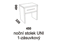 Noční stolek Sabrina 1-zásuvkový UNI - rozměrový nákres. Provedení: masivní buk. Česká výroba. Povrchová úprava: olej nebo lak. Více barevných odstínů. 