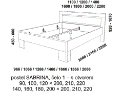 Postel Sabrina z masivu - rozměrový nákres. Čelo s otvorem. Tloušťka rámu 33 mm. Provedení: masivní buk. Více barevných odstínů. Český kvalitní výrobek.