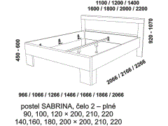 Postel Sabrina z masivu - rozměrový nákres. Čelo plné. Tloušťka rámu 33 mm. Provedení: masivní buk. Více barevných odstínů. Česká kvalitní postel.