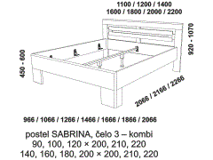 Postel Sabrina z masivu - rozměrový nákres. Čelo kombi. Tloušťka rámu 33 mm. Provedení: masivní buk. Více barevných odstínů. Vysoká kvalita.