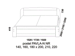Postel Pavla-N s nízkým čelem u nohou. Rozměrový nákres. Obě čela plná. Provedení: masivní smrk. Česká kvalitní postel.