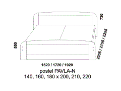 Postel Pavla-N z masivu - rozměrový nákres. Vyšší čelo u hlavy. Provedení: masivní smrk. Česká kvalitní postel.