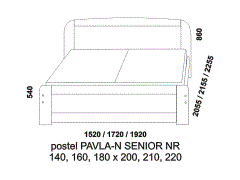 Postel Pavla-N Senior s nízkým čelem u nohou. Rozměrový nákres. Provedení: masivní smrk. Obě čela plná. Zvýšená postel vhodná nejen pro seniory.