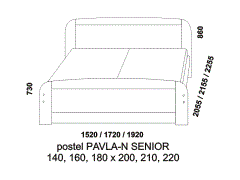 Postel Pavla-N Senior z masivu - rozměrový nákres. Vyšší čelo u hlavy. Provedení: masivní smrk. Zvýšená postel vhodná nejen pro seniory.