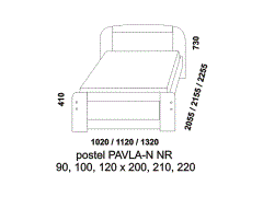 Jednolůžko Pavla-N s nízkým čelem u nohou. Rozměrový nákres. Provedení: masivní smrk. Obě čela plná. Česká kvalitní postel.
