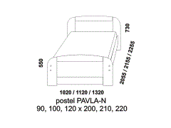 Jednolůžko Pavla-N z masivu - rozměrový nákres. Vyšší čelo u hlavy. Provedení: masivní smrk. Česká kvalitní postel.