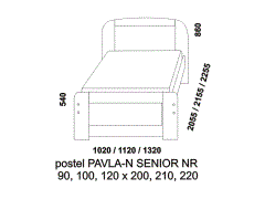 Jednolůžko Pavla-N Senior s nízkým čelem u nohou. Rozměrový nákres. Provedení: masivní smrk. Obě čela plná. Zvýšená postel vhodná nejen pro seniory.