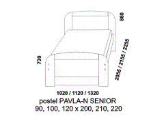 Jednolůžko Pavla-N Senior z masivu - rozměrový nákres. Vyšší čelo u hlavy. Provedení: masivní smrk. Zvýšená postel vhodná nejen pro seniory.