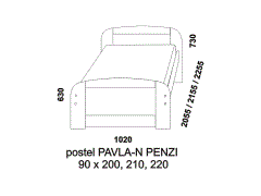 Postel Pavla-N Penzi z masivu - rozměrový nákres. Zvýšená postel vhodná nejen pro seniory. Provedení: masivní smrk.