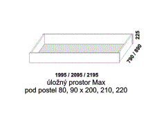 Úložný prostor Max pod postel Pavla-N z masivu - rozměrový nákres. Do postele doporučujeme použít rošt s odklápěním.