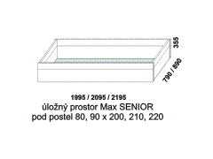 Úložný prostor Max pod postel Pavla-N Senior z masivu - rozměrový nákres. Do postele doporučujeme použít rošt s odklápěním.
