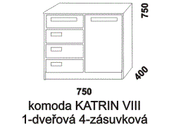 Komoda Katrin VIII s dvířky a zásuvkami z masivu. Rozměrový nákres. Provedení: masivní smrk. Ve dvířkové části je umístěna police.