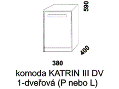 Komoda Katrin III DV dvířková z masivu. Rozměrový nákres. Provedení: masivní smrk. Uvnitř komody je umístěna police. Česká výroba.