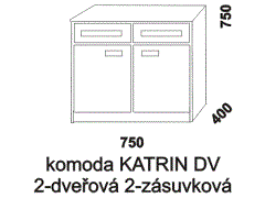 Komoda Katrin DV s dvířky a šuplíky z masivu. Rozměrový nákres. Provedení: masivní smrk. Ve dvířkové části je umístěna police.