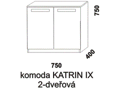Komoda Katrin IX dvířková - rozměrový nákres. Provedení: masivní smrk. Uvnitř komody jsou umístěny 2 police. Česká výroba.