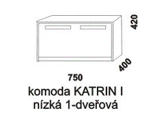 Komoda Katrin I nízká z masivu, s výklopnými dvířky. Rozměrový nákres. Provedení: masivní smrk. Uvnitř komody je umístěna police.