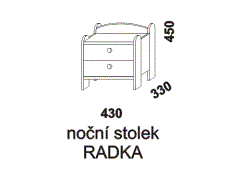 Noční stolek Radka z masivu, se šuplíky - rozměrový nákres. Provedení: masivní smrk. Český výrobek. Vysoká kvalita.