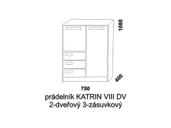 Prádelník Katrin VIII DV s dvířky a šuplíky z masivu. Rozměrový nákres. Provedení: masivní smrk. Prádelník obsahuje celkem 4 police.