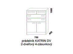Prádelník Katrin DV s dvířky a šuplíky z masivu. Rozměrový nákres. Provedení: masivní smrk. Ve dvířkové části je umístěna police.