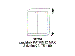 Prádelník Katrin IX MAX 2-dveřový z masivu. Rozměrový nákres. Provedení: masivní smrk. V prádelníku jsou umístěny 3 police.