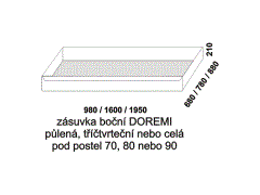 Zásuvka pod postel boční Doremi - rozměrový nákres. Provedení: masivní smrk. Česká výroba. Vysoká kvalita. Zásuvka je opatřena kolečky.