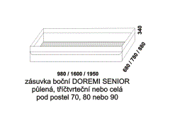 Zásuvka pod postel boční Doremi Senior - rozměrový nákres. Provedení: masivní smrk. Česká výroba. Vysoká kvalita. Zásuvka je opatřena kolečky.