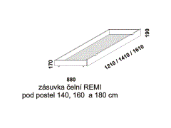 Zásuvka pod postel čelní Remi - rozměrový nákres. Provedení: masivní smrk. Česká výroba. Vysoká kvalita. Zásuvka je opatřena kolečky.