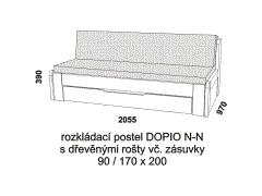 Rozkládací postel Dopio N-N z masivu – složená. Rozměrový nákres. Do postelí lze použít systém matrací sedák a opěrák nebo 3-dílnou matraci.