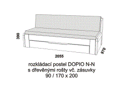 Rozkládací postel Dopio N-N z masivu – složená. Rozměrový nákres. Do postelí lze použít systém matrací sedák a opěrák nebo 3dílnou matraci.